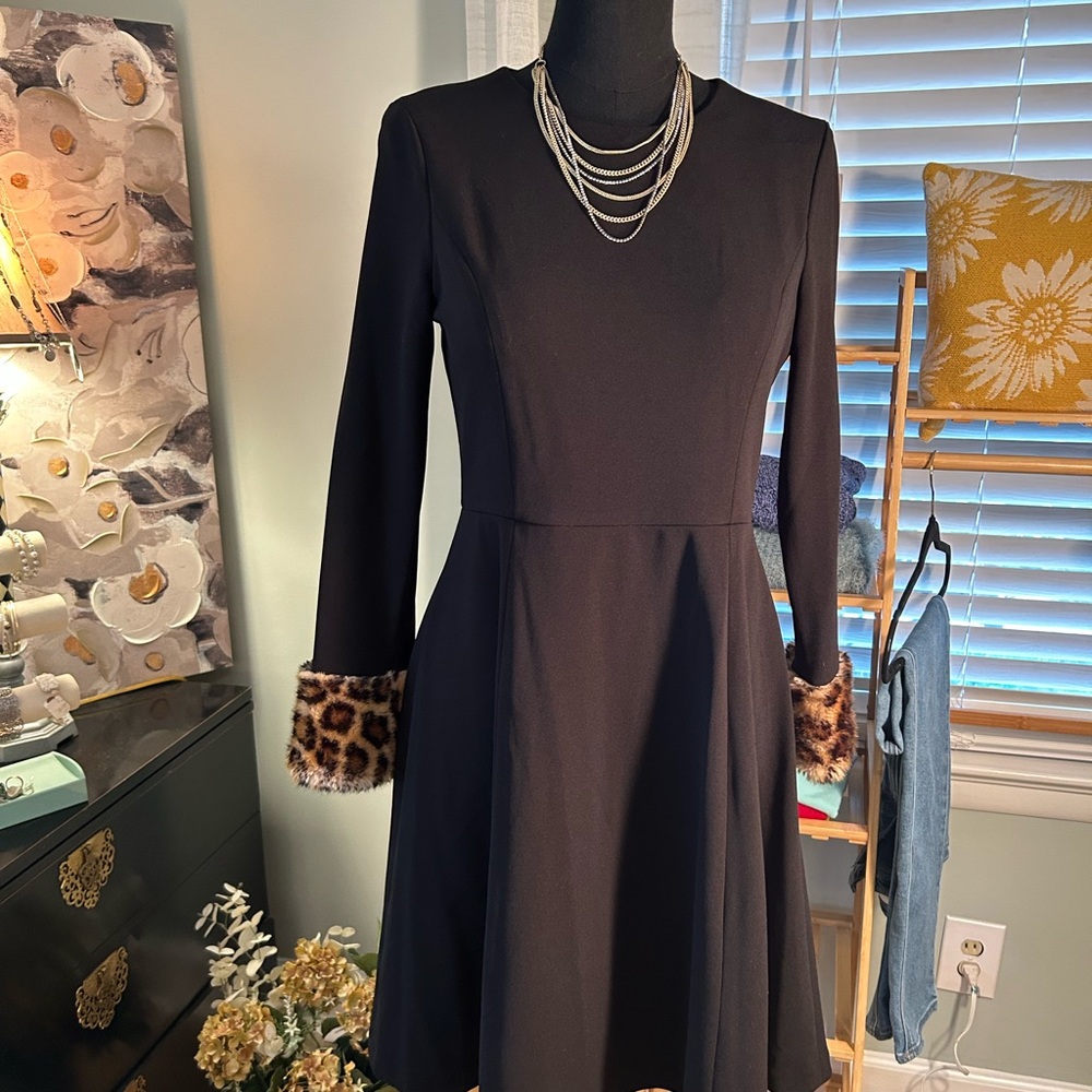 Calvin Klein Black Dress with Animal Print Cuffs